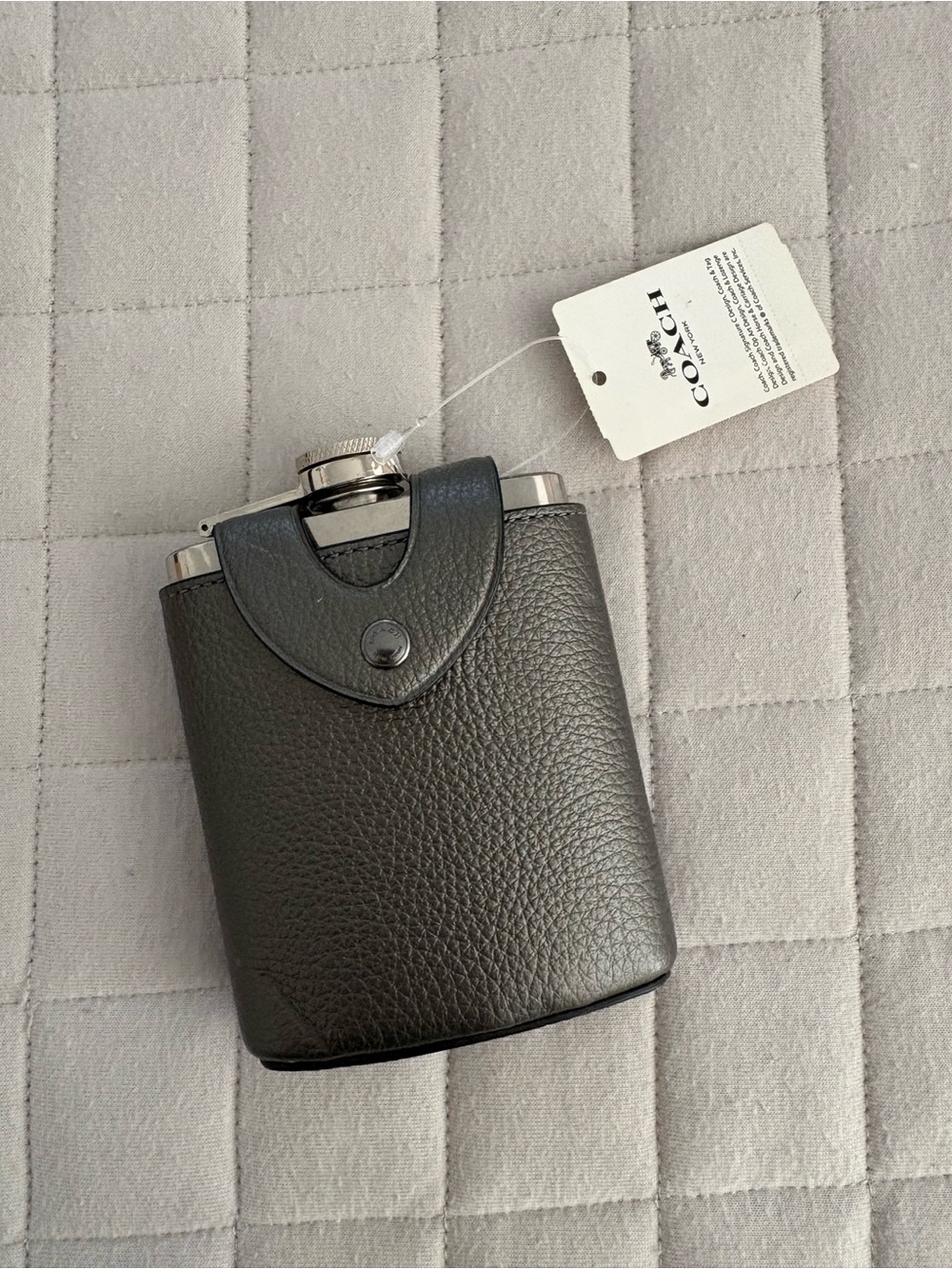 Coach Gray Pebbled Leather Hip Flask with Silver Trim